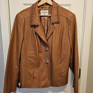 Pamela McCoy Women's Brown Leather Blazer with Studded Embellished Collar